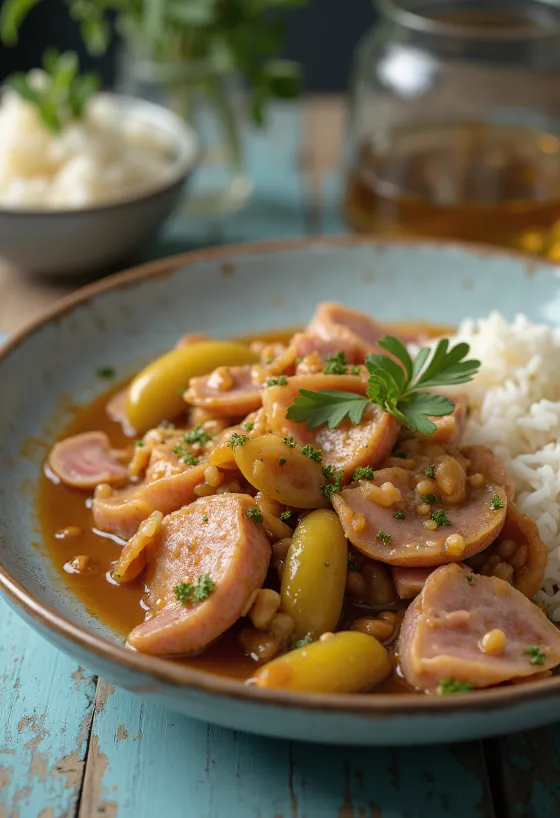 Χέντες τοκάνι με ζουμερό χοιρινό, καπνιστό λουκάνικο και τουρσί.