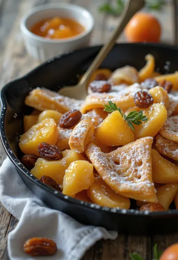 Kaiserschmarrn σερβιρισμένο με ζάχαρη άχνη και μαρμελάδα βερίκοκο