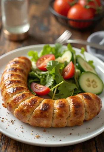 Τηγανητό λουκάνικο alheira σερβιρισμένο με φρέσκια σαλάτα σε πιάτο