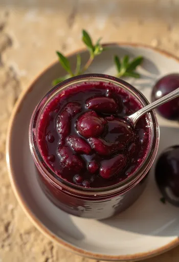 Πηχτή σάλτσα δαμάσκηνου δίπλα σε ψητό κρέας