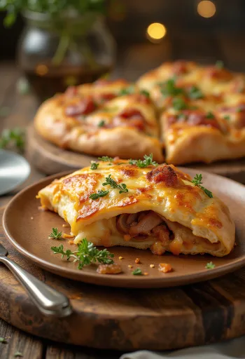 Πίτσα καλτσόνε με κρέας ψημένη χρυσοκάστανη, σερβιρισμένη με φρέσκια σαλάτα