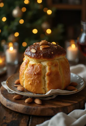 Κομμένο πανετόνε πασπαλισμένο με αμύγδαλα, ψημένο σε χρυσοκάστανο χρώμα, σε εορταστικό σερβίρισμα