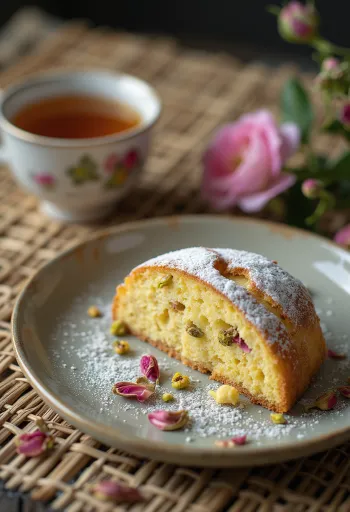 Stollen με φιστίκι Αιγίνης και ροδόνερο κομμένο σε φέτες, πασπαλισμένο με ζάχαρη άχνη