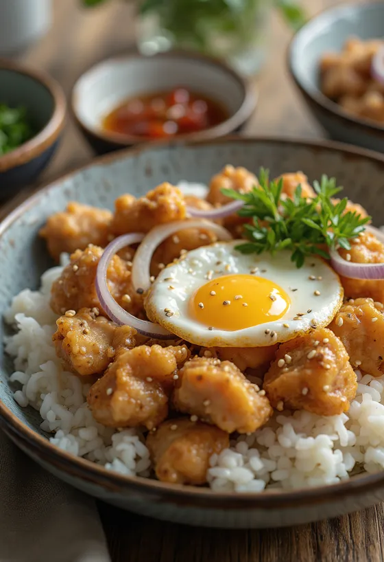 Oyakodon με τηγανητό κοτόπουλο σερβιρισμένο με αυγό και ρύζι