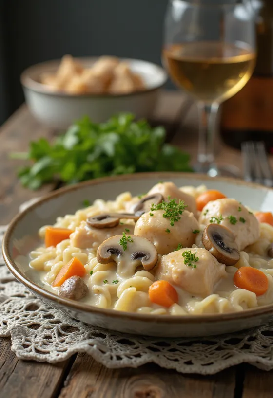 Chicken Fricassee σερβιρισμένο με σάλτσα κρέμας