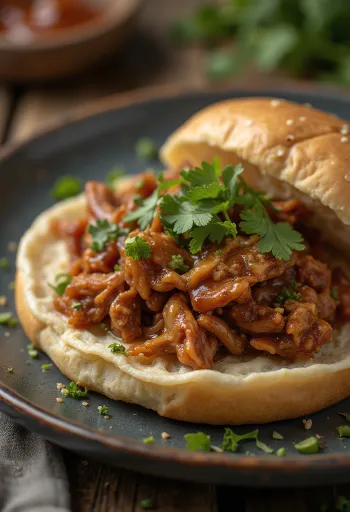 Pulled Duck, τρυφερό κρέας πάπιας barbecue σερβιρισμένο με φρέσκο κόλιανδρο και λαχανοσαλάτα