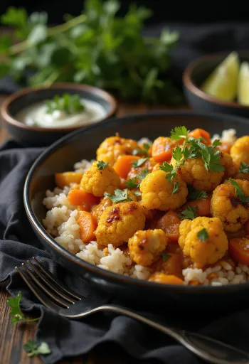 Βίγκαν ογκρατέν κουνουπιδιού με κάρυ σερβιρισμένο