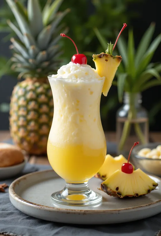 Piña Colada διακοσμημένη με φρέσκο ανανά και κερασάκι κοκτέιλ