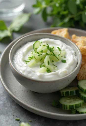 Σάλτσα γιαουρτιού με αγγούρι σερβιρισμένη με φρέσκα λαχανικά