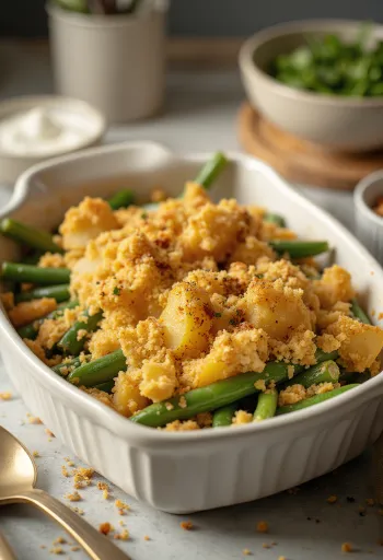 Βίγκαν ογκρατέν φασολάκια με πατάτες σερβιρισμένο