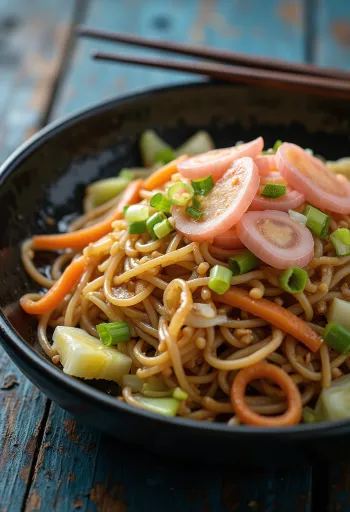 Yakisoba με λαχανικά, τηγανητά ζυμαρικά σερβιρισμένα με πολύχρωμα λαχανικά