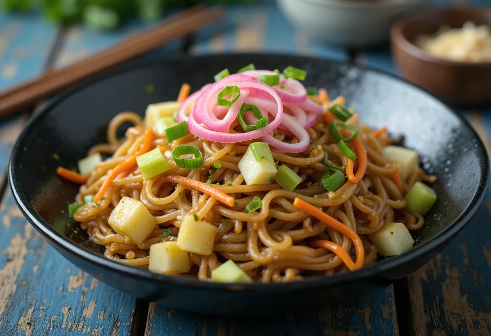 Yakisoba με λαχανικά, τηγανητά ζυμαρικά σερβιρισμένα με πολύχρωμα λαχανικά