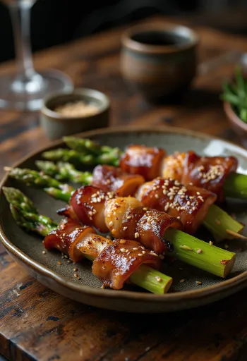 Asparagus bacon yakitori σε καλαμάκι, σερβιρισμένο με σουσάμι και φρέσκο κρεμμυδάκι