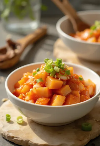 Kkakdugi - Kimchi με ραπάνι σε κύβους σερβιρισμένο