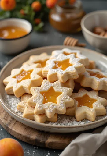 Λίντσερ με μέλι πασπαλισμένο με ζάχαρη άχνη, γεμιστό με μαρμελάδα