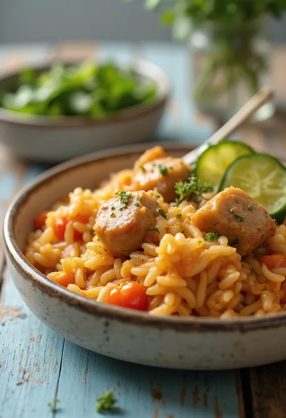 Κρέας με ρύζι με ζουμερό χοιρινό και λαχανικά, πλούσια μαγειρεμένο.