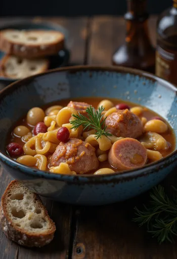 Minestrone με λουκάνικο, ζυμαρικά και λαχανικά σερβιρισμένη, ως ένα ζεστό, σπιτικό πιάτο
