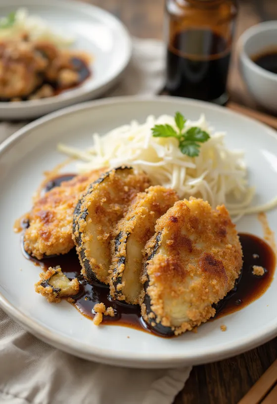 Aubergine katsu, τραγανή παναρισμένη μελιτζάνα με σάλτσα tonkatsu