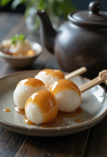 Mitarashi dango ρυζομπαλάκια, βουτηγμένα σε γλυκιά σάλτσα σόγιας