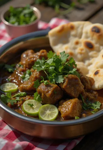 Paye με κόλιανδρο, σερβιρισμένο με φέτες λάιμ και πράσινο τσίλι