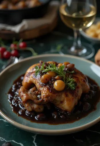 Coq au vin σερβιρισμένο με φρέσκο μαϊντανό και ψωμί