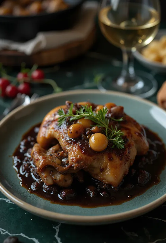 Coq au vin σερβιρισμένο με φρέσκο μαϊντανό και ψωμί