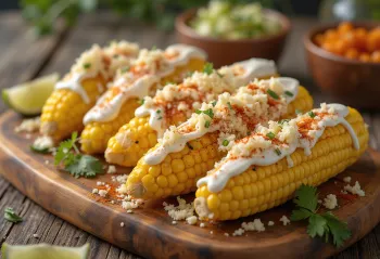 Elote με σάλτσα γιαουρτιού, φρεσκοσερβιρισμένο, με πικάντικο καλαμπόκι και παρμεζάνα.