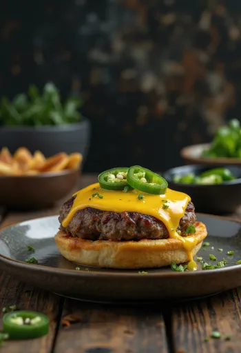 Μπέργκερ με Jalapeño και τυρί, ζουμερό μπιφτέκι και πικάντικη πιπεριά jalapeño