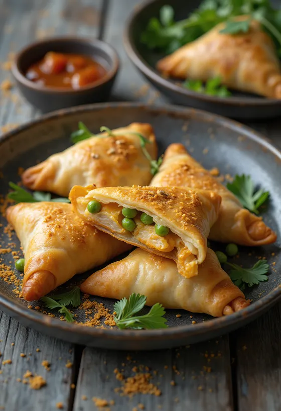 Samosa με γέμιση κοτόπουλου, σερβιρισμένη με φρέσκο κόλιανδρο