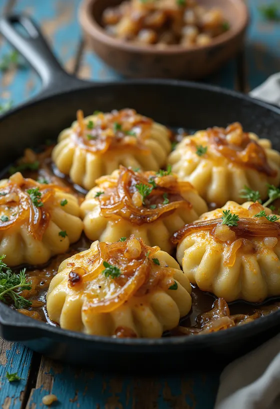 Τραγανό ντοντόλε σερβιρισμένο με γιαούρτι και τηγανητό κρεμμύδι