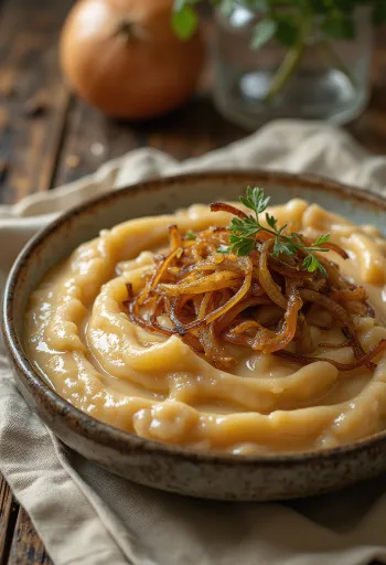 Σάλτσα καραμελωμένου κρεμμυδιού σερβιρισμένη με φρέσκο ψωμί