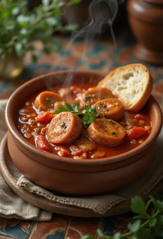 Λέτσο με λουκάνικο, σερβιρισμένο με φρέσκια πιπεριά, ντομάτα και καπνιστό λουκάνικο