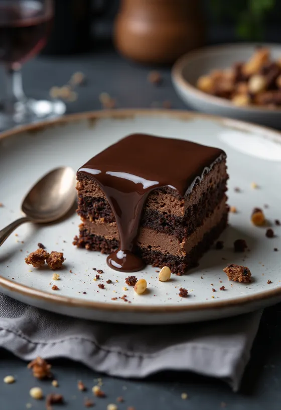 Κομμάτι γλυκού σοκολάτας Rigó Jancsi σε λευκό πιάτο