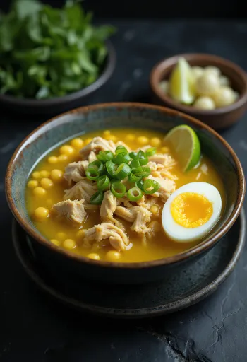 Soto ayam με φύτρες σερβιρισμένο, με φέτες λάιμ και φρέσκο κρεμμυδάκι