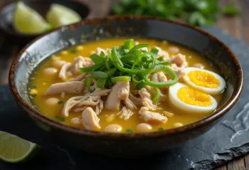Soto ayam με φύτρες σερβιρισμένο, με φέτες λάιμ και φρέσκο κρεμμυδάκι