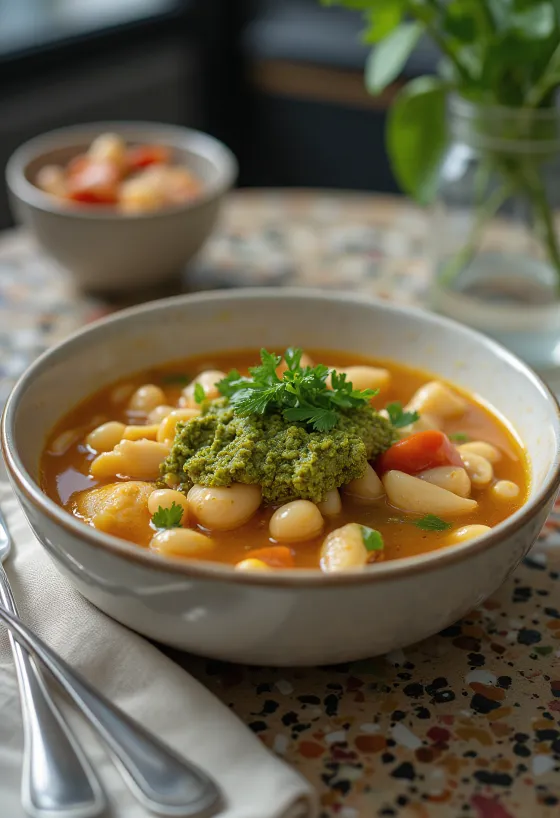 Σούπα Minestrone με πέστο, σερβιρισμένη με πολύχρωμα λαχανικά και ζυμαρικά σε βαθύ πιάτο