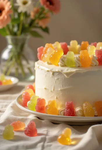 Τούρτα με χρωματιστά ζελεδάκια, λευκή ζαχαρόπαστα και διακόσμηση από ζελεδάκια