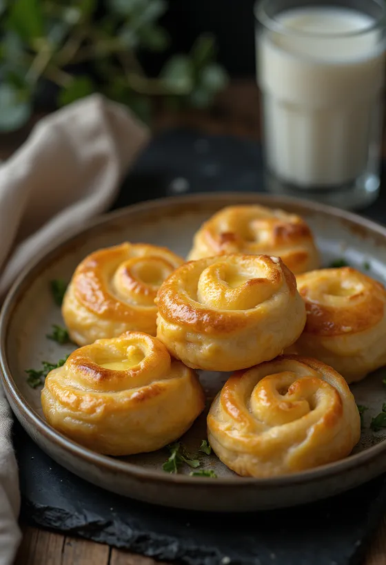 Ροδοκόκκινα ψημένα σαλιγκάρια τυριού με τραγανή ζύμη και λιωμένο τυρί, σερβιρισμένα σε δίσκο.