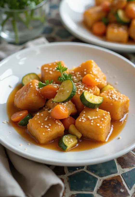 Tofu Tangsuyuk, ένα γλυκόξινο πιάτο τόφου με λαχανικά και γαρνιρισμένο με σουσάμι