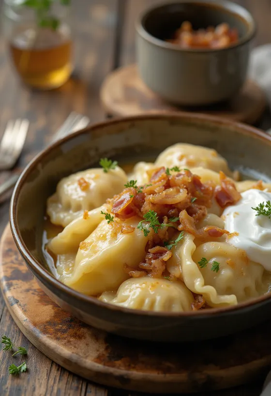 Κλασικά Pierogi, γεμιστά με ανθότυρο και τηγανητό κρεμμύδι, σερβιρισμένα