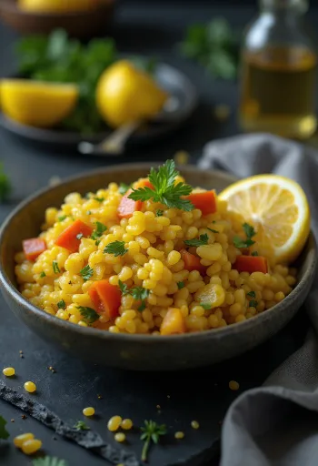 Πρεβιοτική σαλάτα κεχριού με μπαχαρικά, σερβιρισμένη με φρέσκα λαχανικά και μαϊντανό