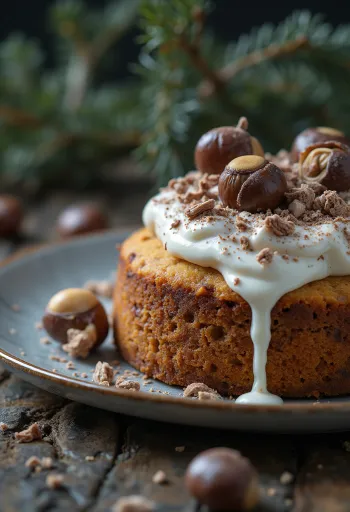 Χειμωνιάτικη τούρτα κάστανο διακοσμημένη με μαύρη σοκολάτα και καρύδια