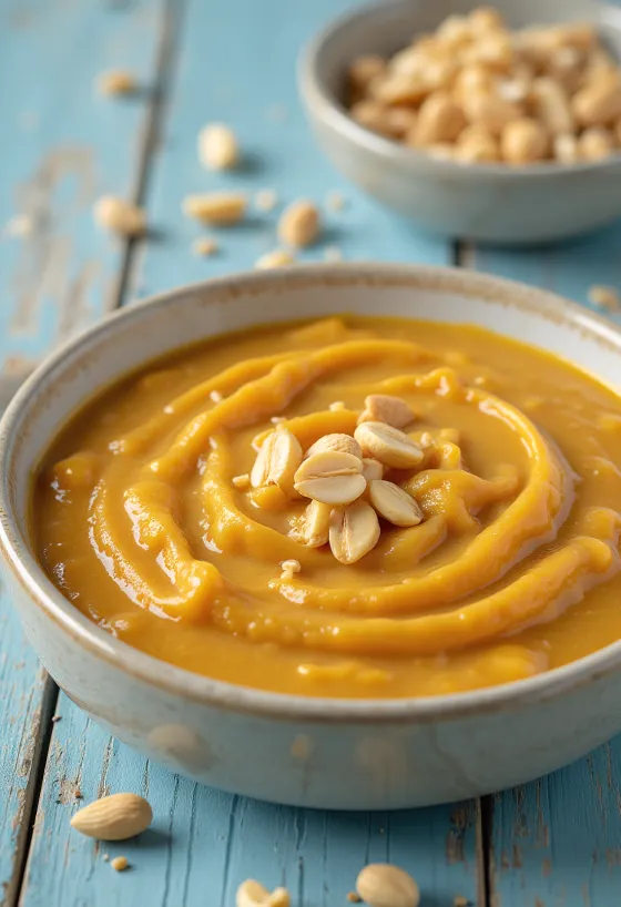 Σάλτσα φιστικιού με κάρυ σερβιρισμένη σε μπολ με φρέσκο κόλιανδρο