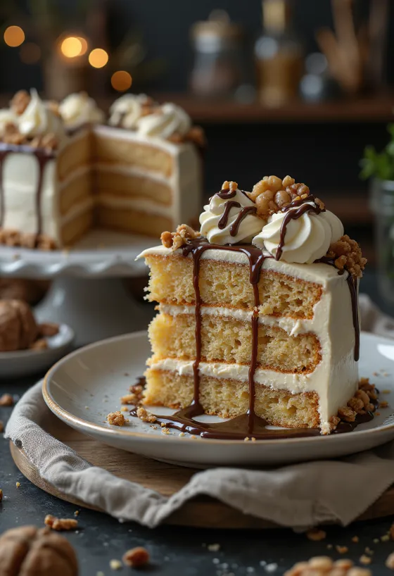 Τούρτα κάστανο με κρέμα καρυδιού σερβιρισμένη