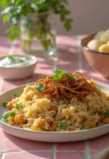 Mujaddara με τηγανητό κρεμμύδι και στολισμένη με κόλιανδρο