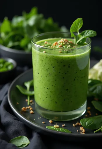 Smoothie σπανακιού σε ψηλό ποτήρι, διακοσμημένο με λαχανικά και φρούτα