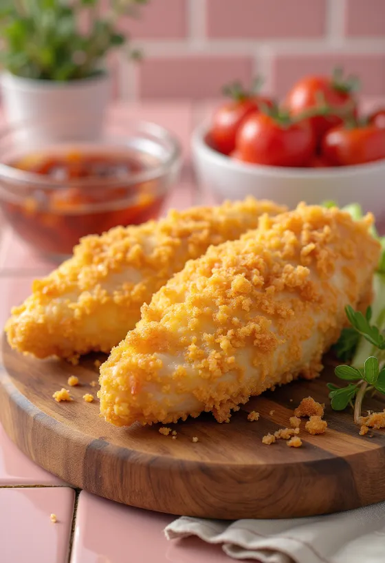 Παναρισμένο στήθος κοτόπουλου ψημένο χρυσοκάστανο, σερβιρισμένο με φρέσκια σαλάτα.