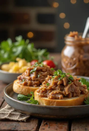 Ριγιέτ πάπιας σερβιρισμένο σε ρουστίκ βαζάκι με ψωμί και τουρσί