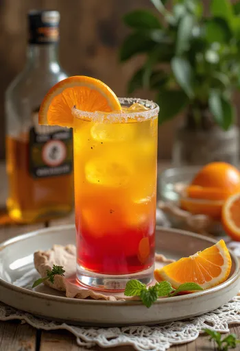 Κοκτέιλ Tequila Sunrise διακοσμημένο με φέτα πορτοκαλιού και κερασάκι
