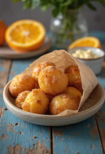 Μπολίνιο ντε σούβα με χυμό πορτοκαλιού, τραγανές μπάλες ζύμης με κανέλα και ζάχαρη σερβιρισμένες με φρέσκο χυμό πορτοκαλιού